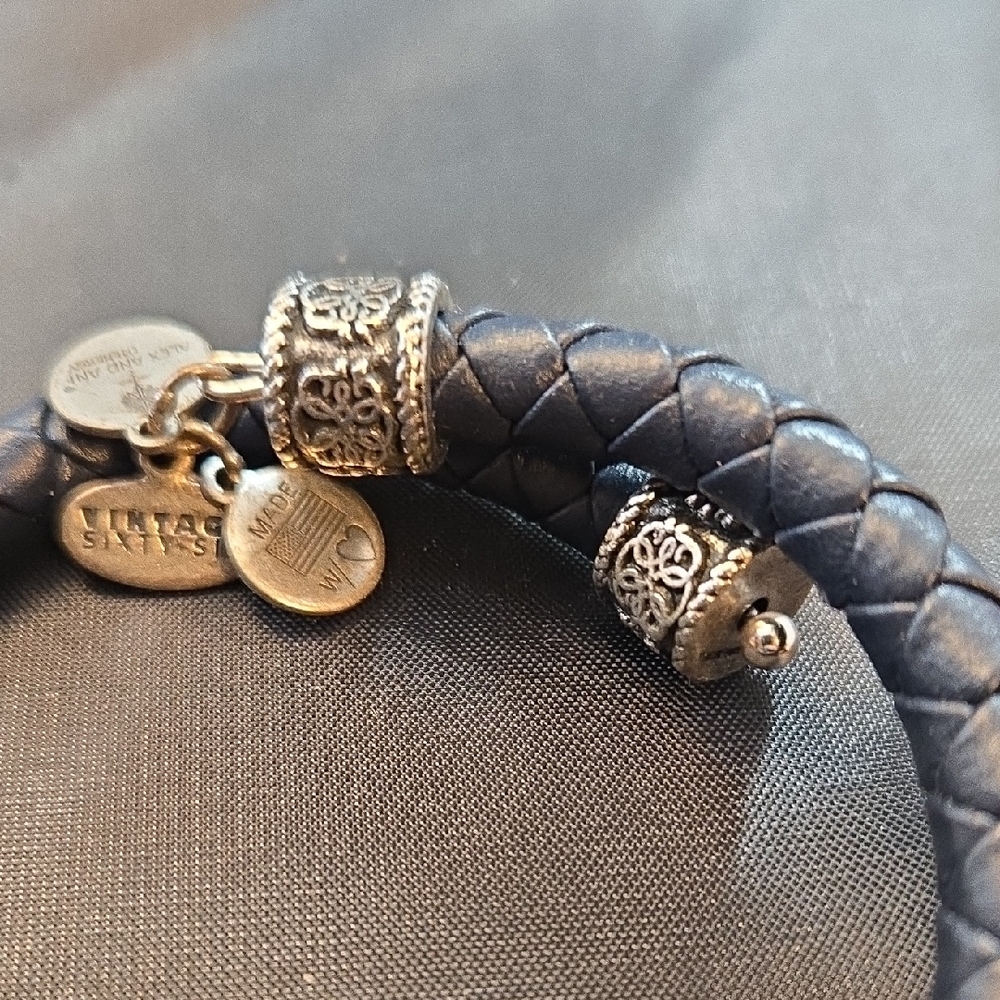 Alex and Ani Vintage 66 Navy Leather Braided Wrap Bangle Bracelet, Adjustable - Picture 3 of 6